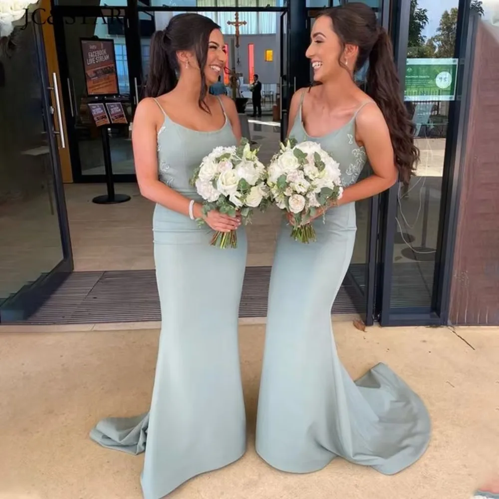 

Sage Green Satin Mermaid Wedding Bridesmaid Dresses Applique Spaghetti Strap Long Party Dress Simple Evening DressTrain Prom