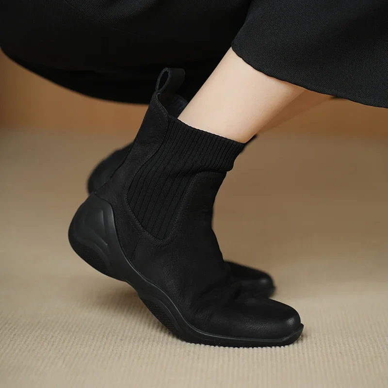 2026 new autumn winter natural leather women ankle boots 22-25cm cowhide+fabric round toe flat heel chelsea boots fashion