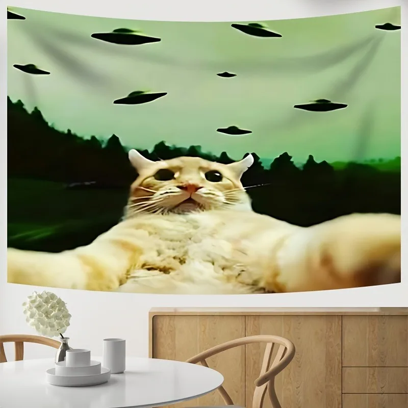 Funny Cat UFO Tapestry, Meme Style Ginger Cat & Flying Saucer Wall Hanging, Quirky Alien Sky Decor Humorous Art for Bedroom Dorm