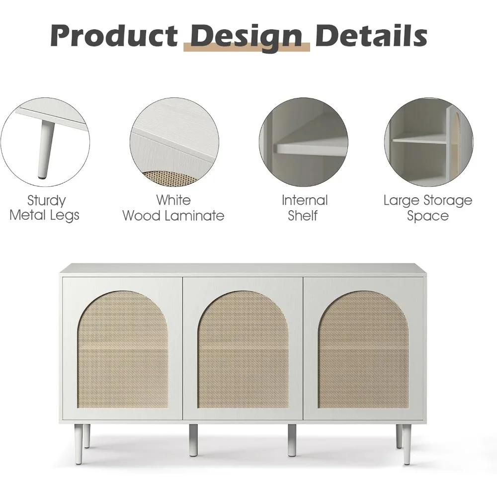 خزانة بوفيه جانبية من Farmhouse Boho مع 3 أرفف و3 أبواب من الروطان، وطاقة تخزين المطبخ بأرجل معدنية،