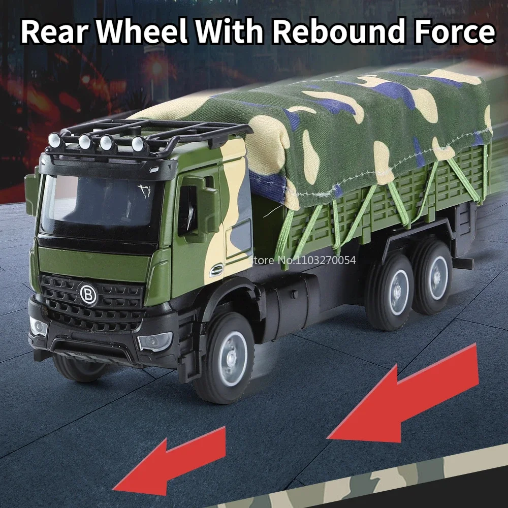 1/35 Toy Model Car Military Transport Alloy Truck Simulation Metal With Sound And Light Pull Back Kids Toys Boy Gifts Collection