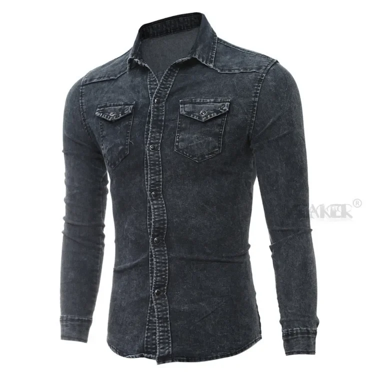 Men Denim Shirt Cotton Jeans Overshirt Slim Fit Long Sleeve Stylish Gray Washed Cowboy Shirts Tops M-3Xl