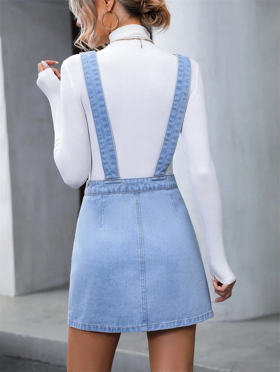 Benuynffy Vintage Button Front Denim Overall Dress Women's Clothing Fashion Autumn New Sleeveless Pockets Casual A-Line Dresses