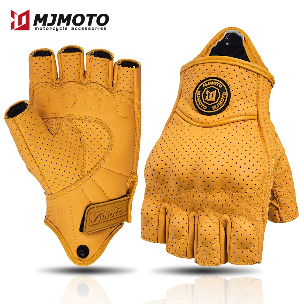 Summer Yellow Motorcycle Gloves Fingerless Leather Moto Glove Half Finger Retro Motocross Half Glove Men Women for Riding Racing