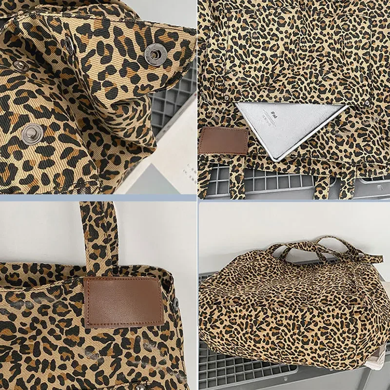 Women Shoulder Bags Canvas Totes Vintage Leopard Large Capacity Elegant Ladies Daily Leisure Handbags Designer Shopping Pouch