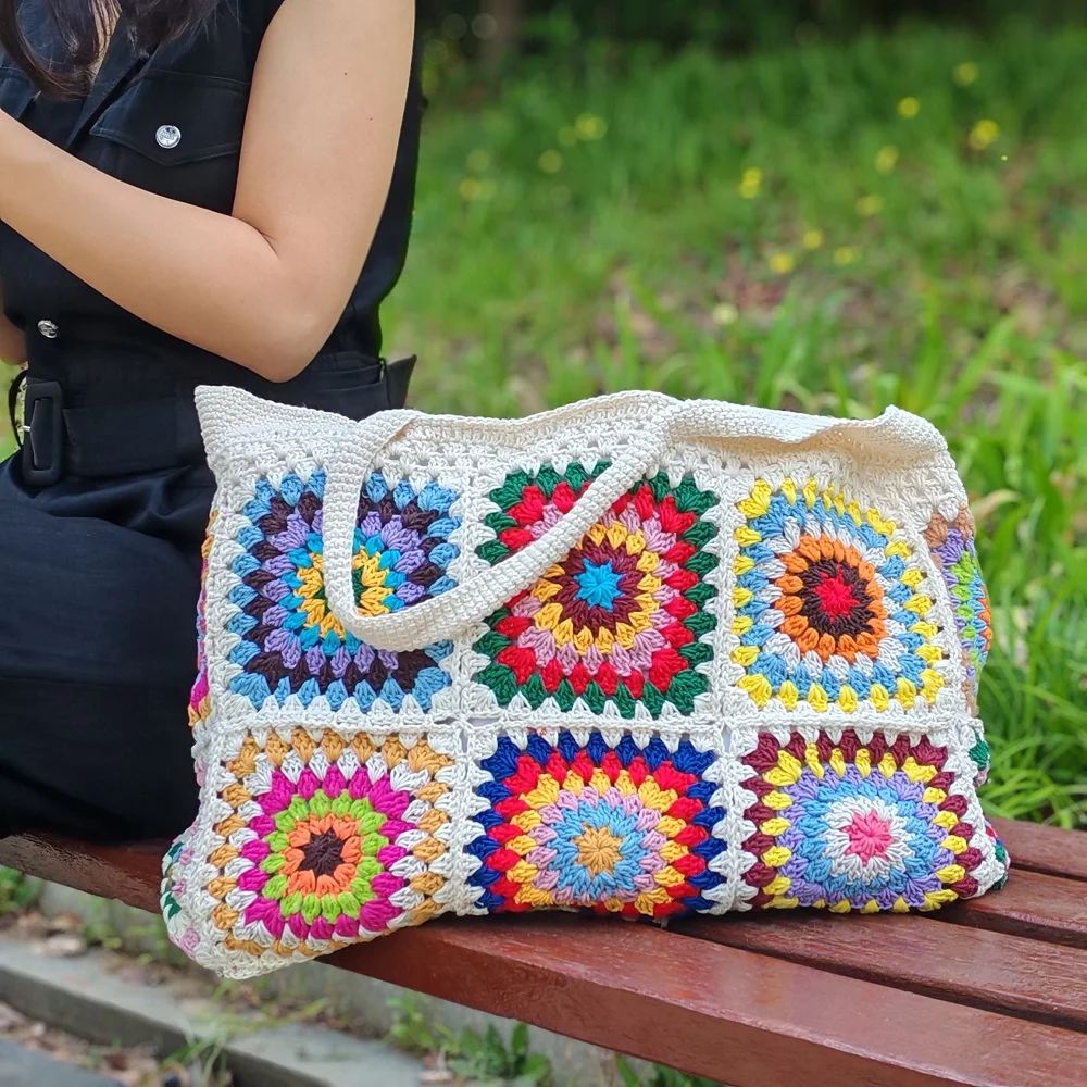 المرأة الكروشيه الجدة حقيبة مربعة محبوك حقيبة يد سعة كبيرة حمل حقيبة كتف للتسوق البقالة #1