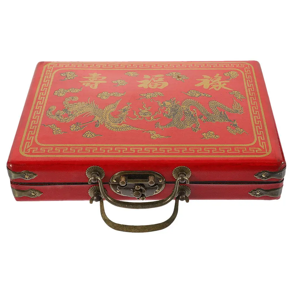 

Portable Wooden Mahjong Storage Box with PU Exterior Sturdy Lidded Case for Mahjong Sets Household Sundries Organizer