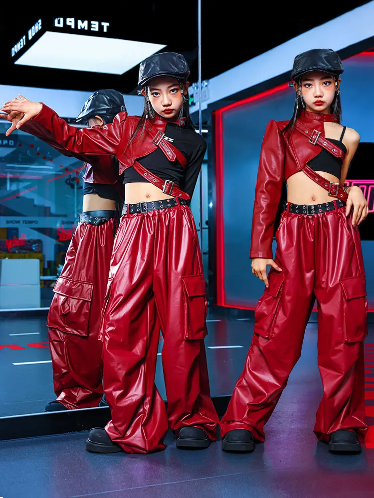 

Girls Red Hip Hop Costume Crop Top Red Arm Covers Leather Pants for Kids Jazz Clothes Street Dance Stage Set