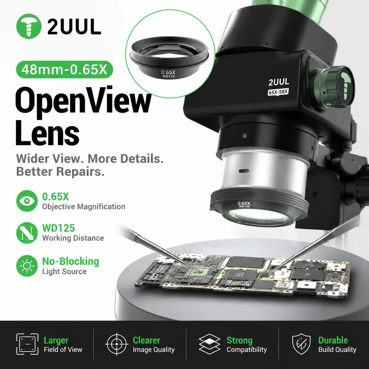Objectif de microscope 2UUL OpenView 065X WD125, filetage 48 mm, pour microscope stéréoscopique trinoculaire, travaux de réparation de téléphone