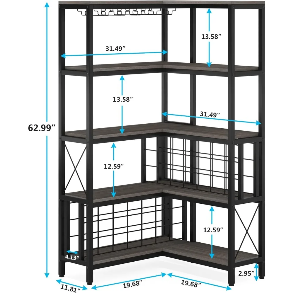 Canto Wine Rack Cabinet, L-Shaped Bar Cabinet, Industrial Independente, Household Cozinha de madeira, cinza, 5 andares