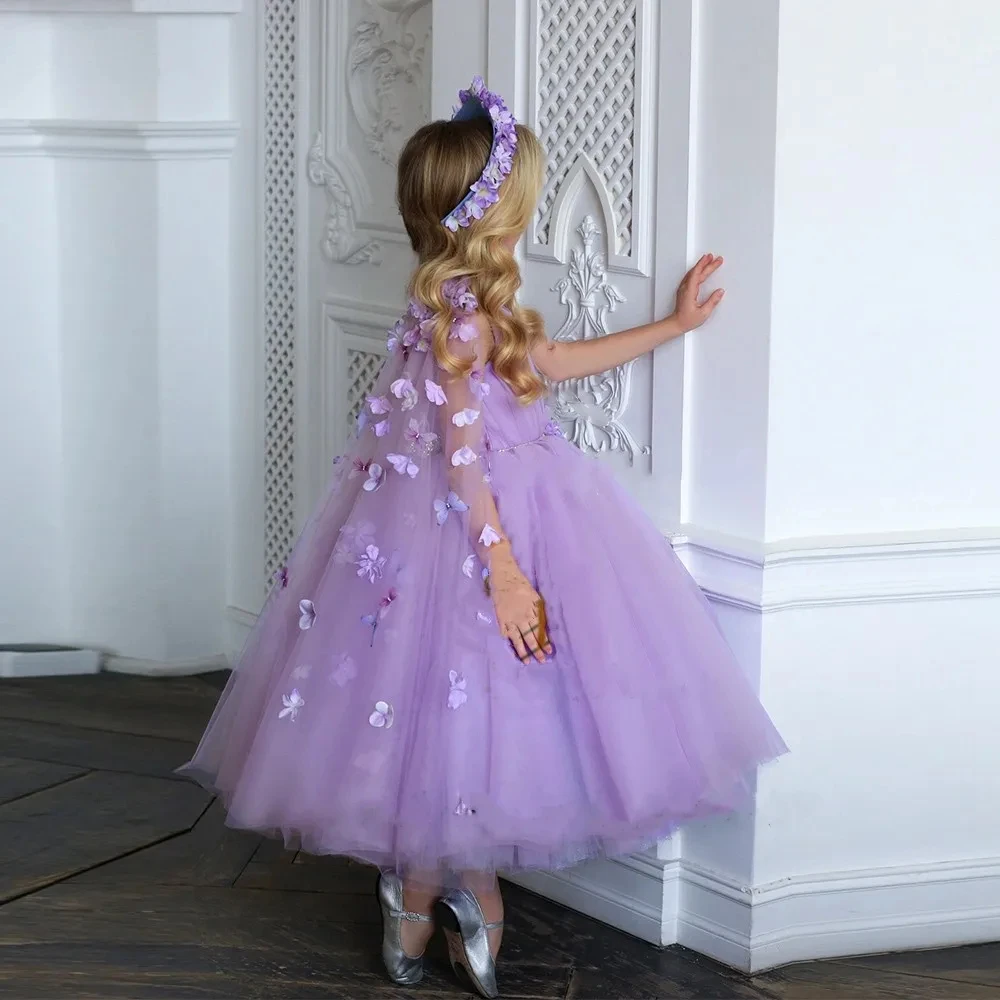 Tulle Flower Girl Dress For Wedding With Cape 3D Applique Kids Birthday Party Pageant Ball Gowns