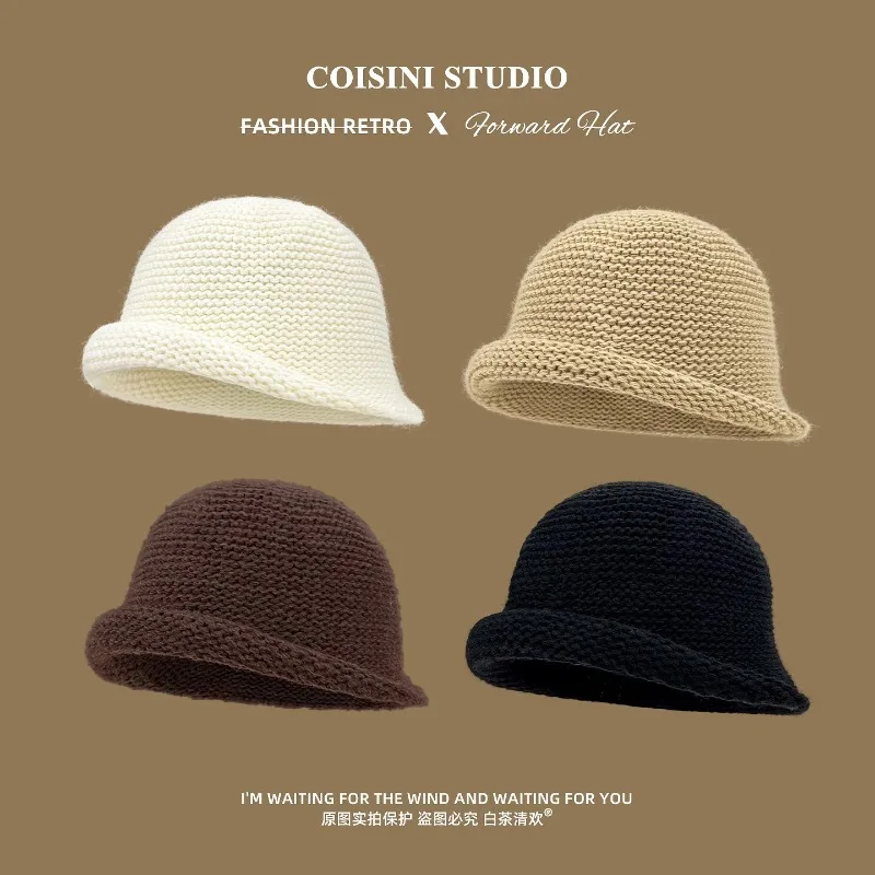 الكورية بسيطة بلون محبوك دلو القبعات للنساء الخريف الشتاء السفر الدافئة تنوعا تظهر الوجه قبعة حوض أدبية صغيرة