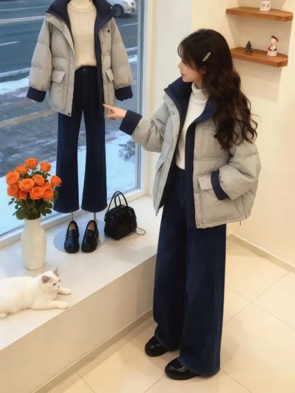 

Корейская мягкая хлопковая куртка свободного кроя в стиле колор-блок, уникальная верхняя одежда для весны, модная, маленького размера, на молнии, для повседневной носки