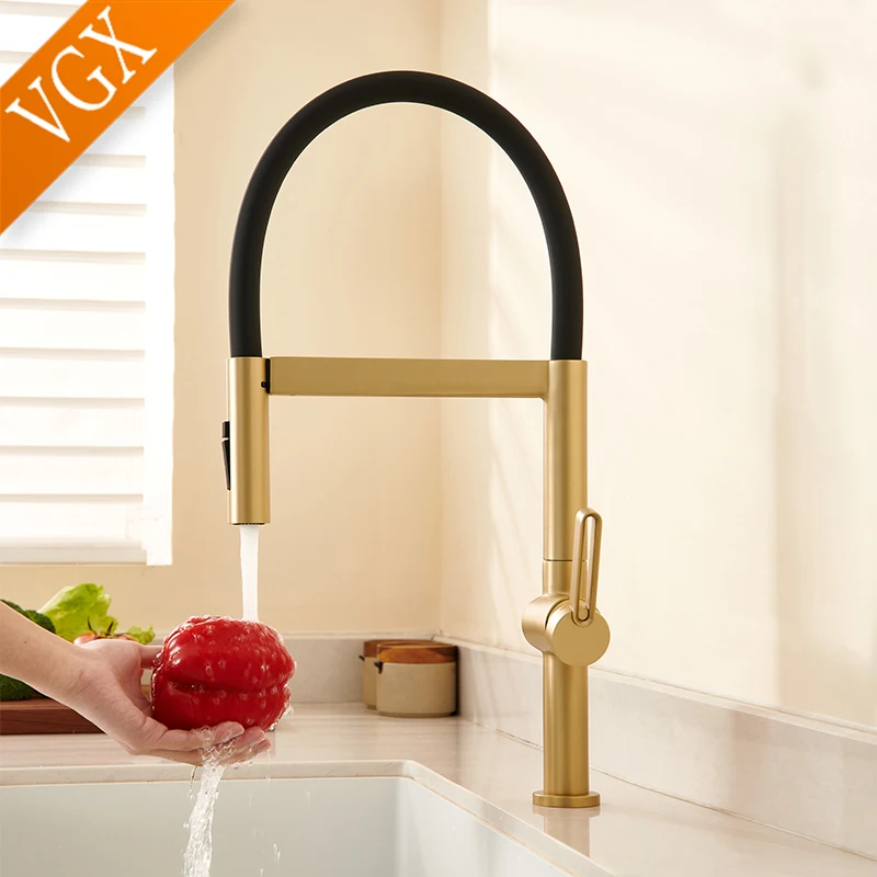 

VGX Kitchen Faucet Sink Faucets Rubber Pull Down Stream Sprayer Taps Rotatable Kitchen Mixer Water Tap Hot Cold Crane Brass Gold