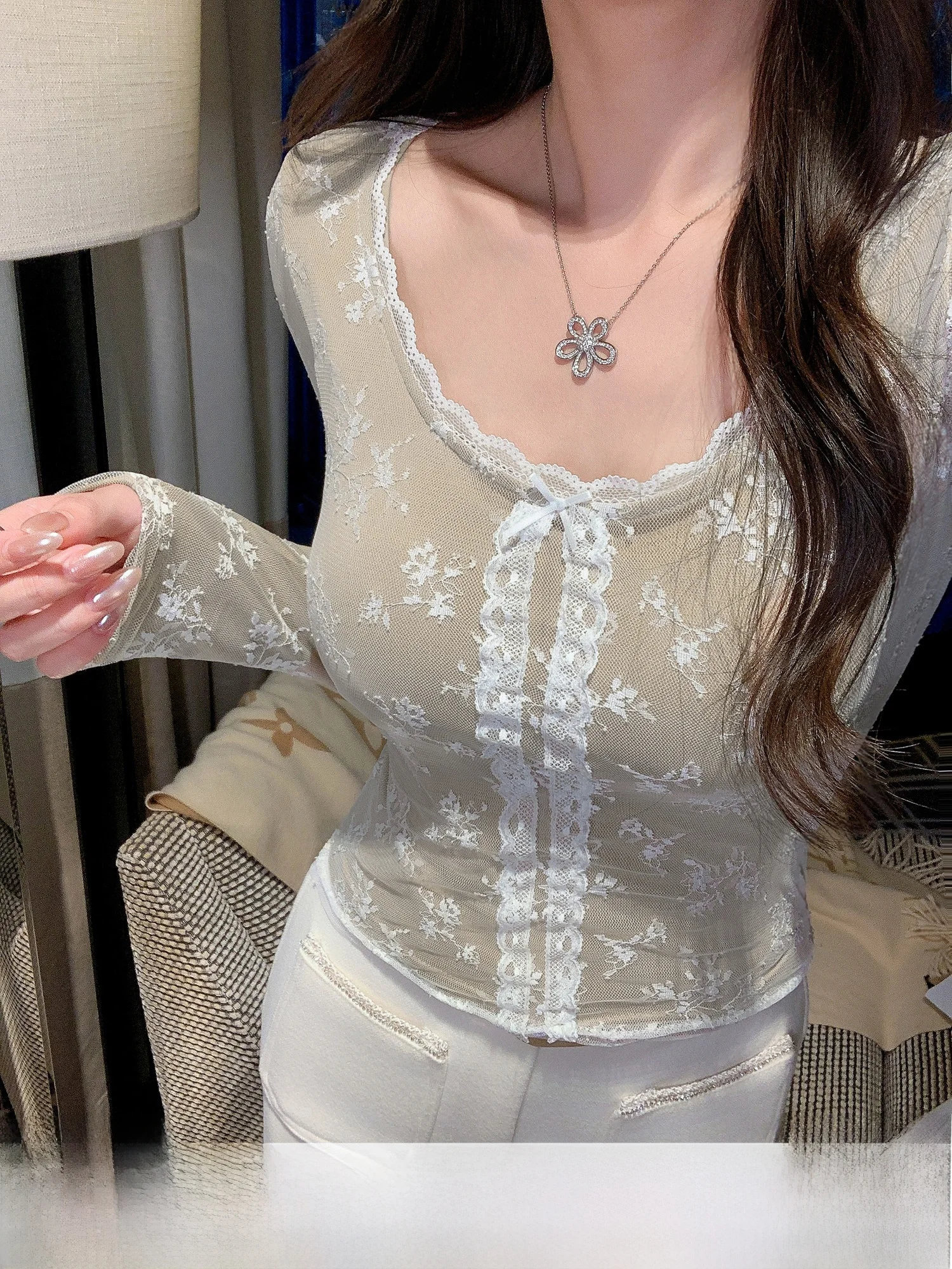 

Fce Lined Lace Base irt Women's Sle French Sle Slim Fit Long Sve Daily Wear Floral Patterned Top for Teens