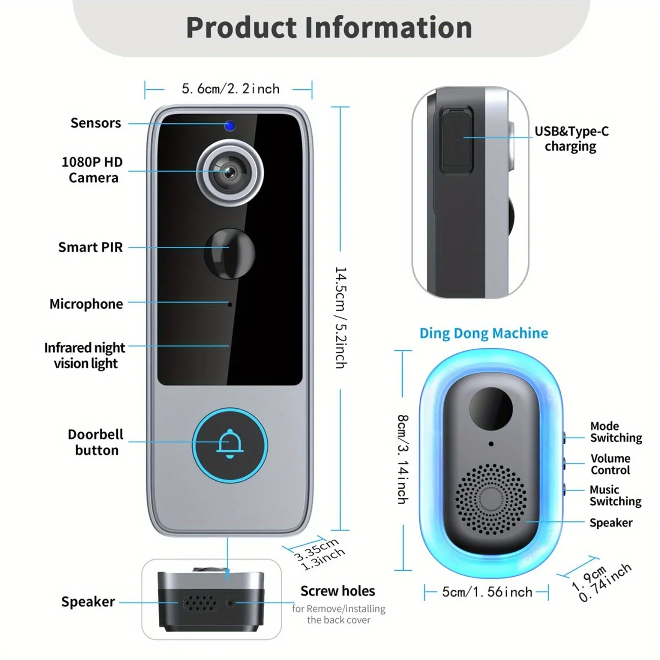 Wireless Video Doorbell Camera 1080P WiFi Smart Door Bell Motion Detection Two Way Audio Night Vision Tuya App 4000mAh