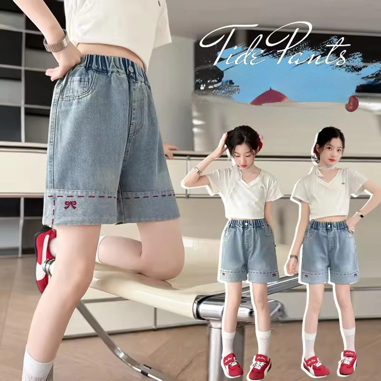 

Girls Summer Butterfly Embroidery Shorts Versatile Thin Fashion Jeans Casual Sports Style for Ages 5-15