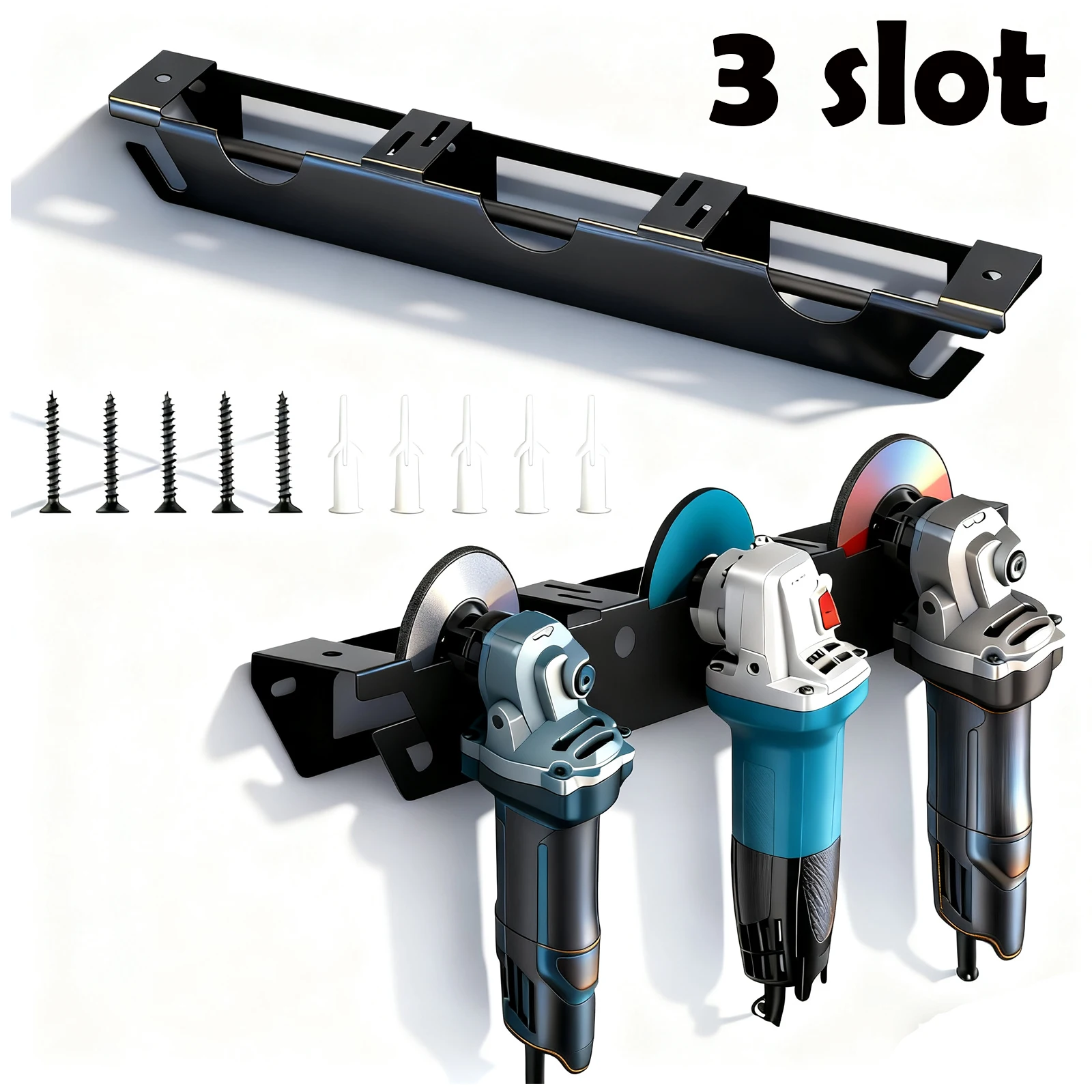 

Металлический держатель угловой шлифовальной машины из углеродистой стали, 3-слотовая угловая шлифовальная машина с вешалкой для шнура, настенное крепление для угловой шлифовальной машины мастерской