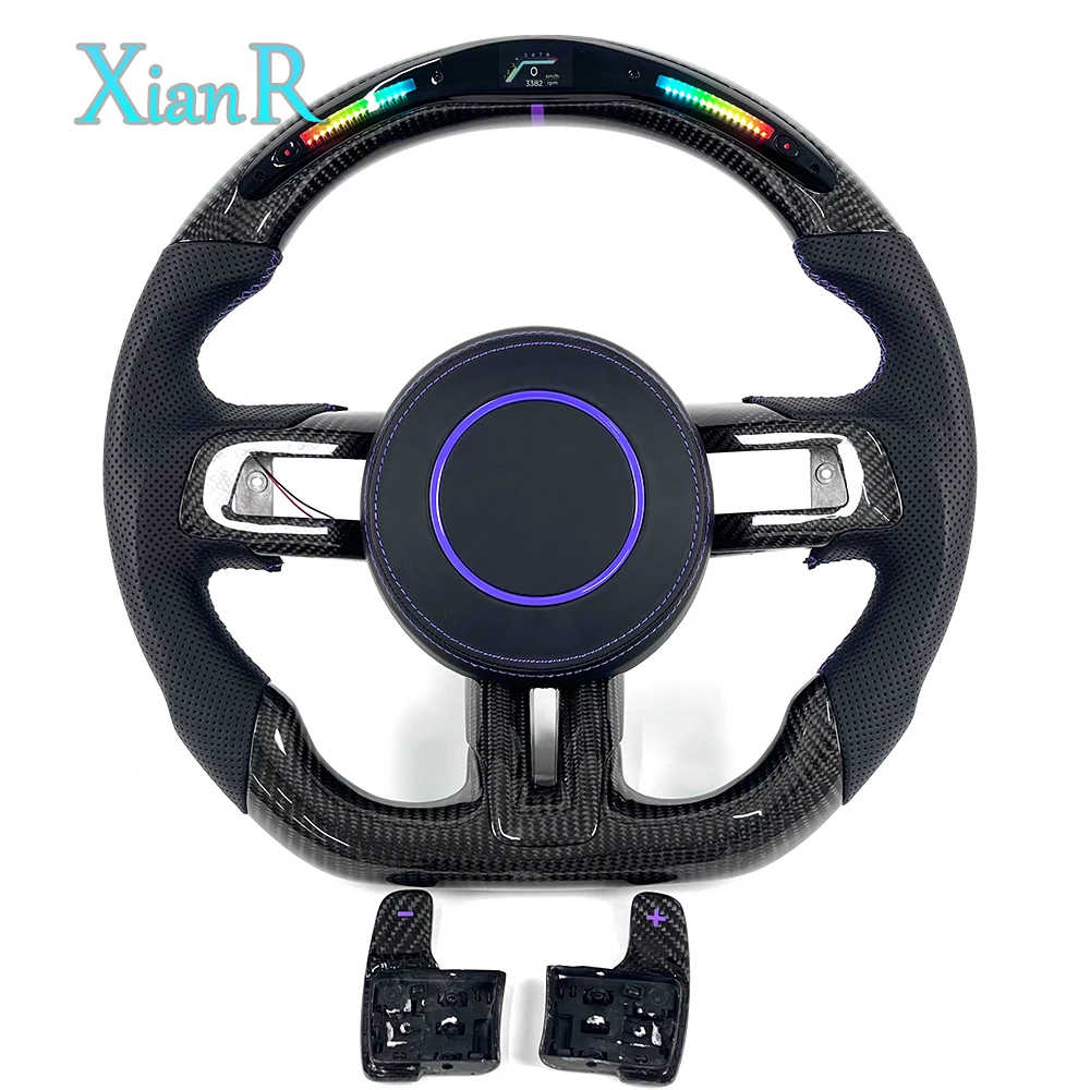LED RPM Display Carbon Fiber Steering Wheel with Shift Paddles for Ford Mustang 2015-2023 Customizable
