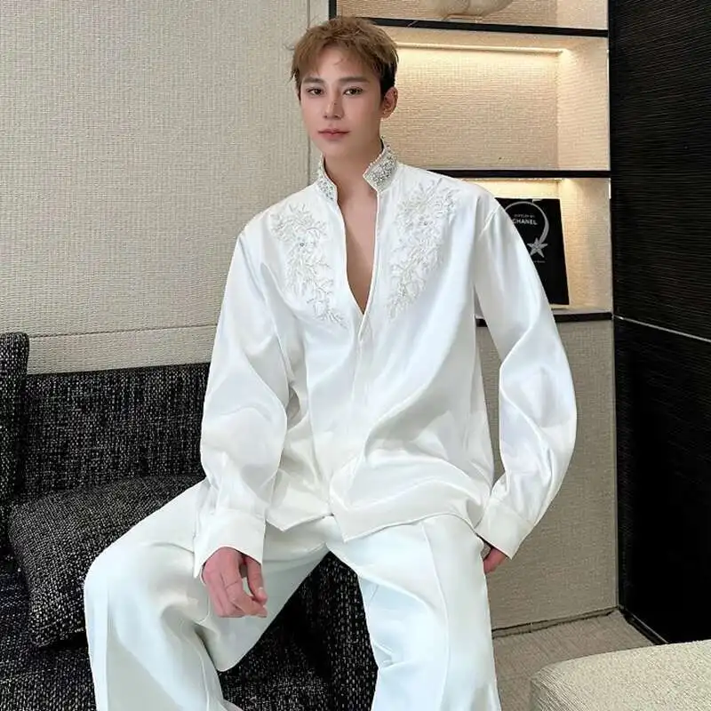 LUZHEN Luxury Original Embroidery Pattern Pearl Patchwork Neck Design Casual Shirts Men's Fashion 2025 Long Sleeve Tops LZ9370