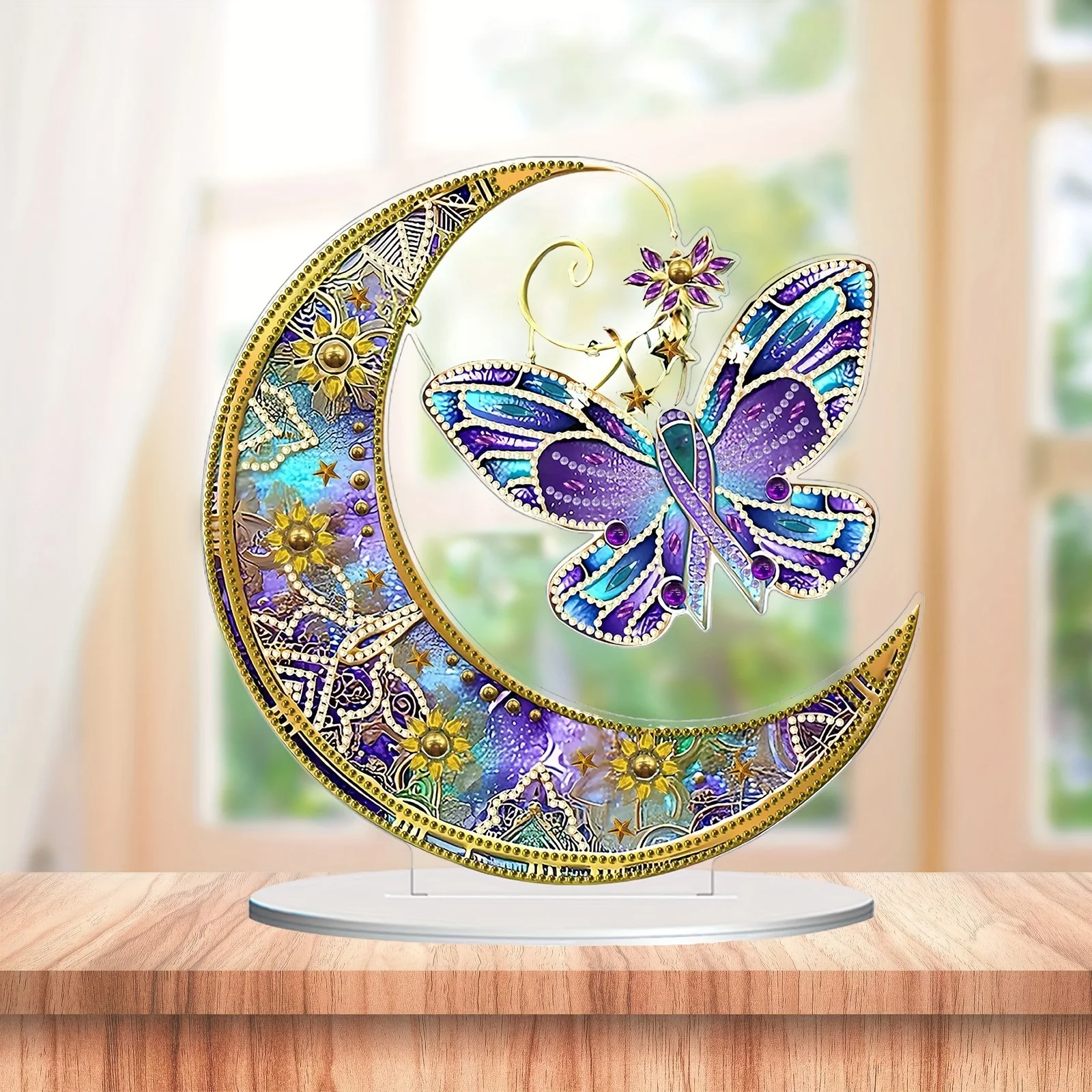 2 Pack DIY Butterfly Moon Shape Diamond Painting Desktop Ornaments Double-sided