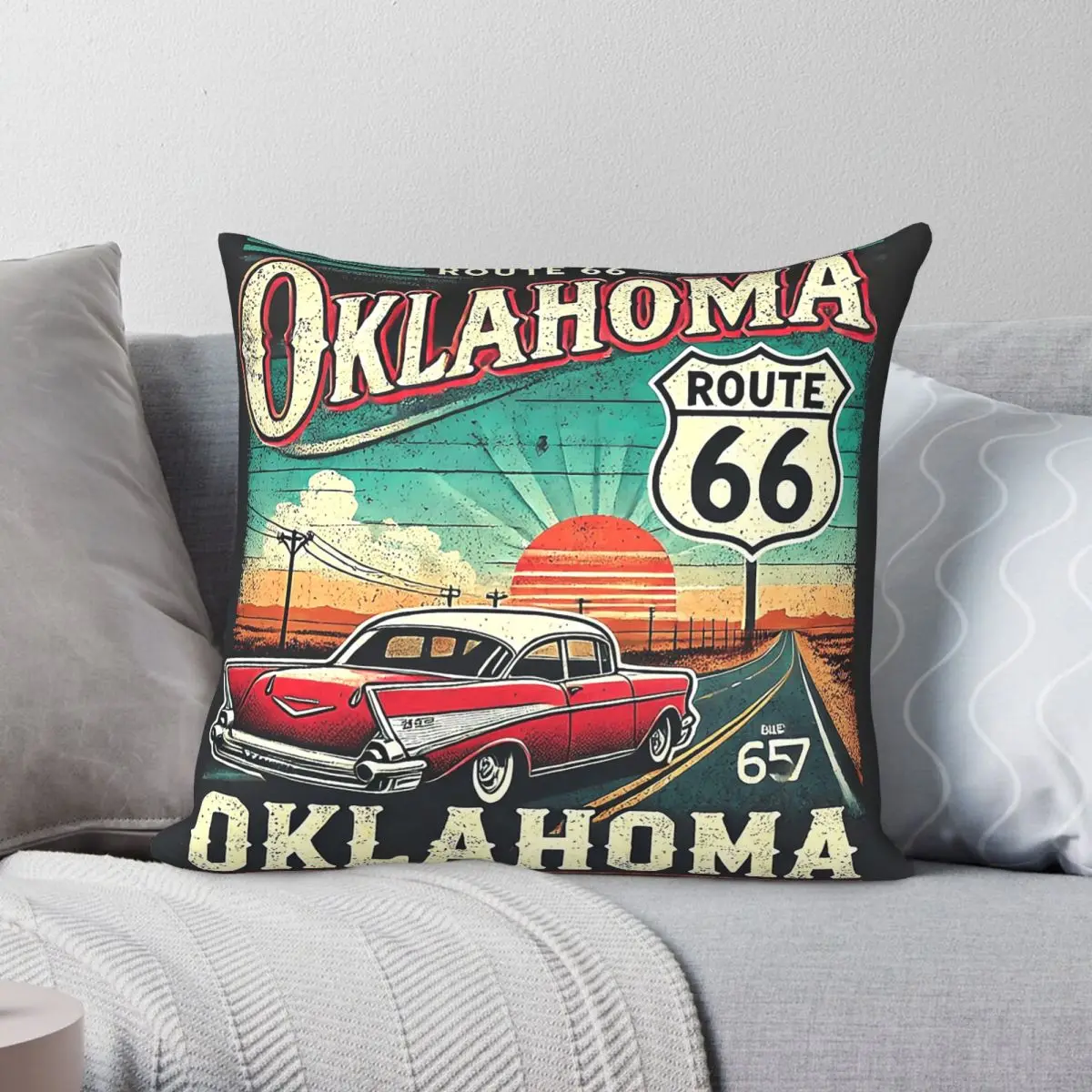 Vintage Route 66 Oklahoma Pillowcase Polyester Linen Velvet Creative Zip Decor Pillow Case Room Cushion Cover 45x45