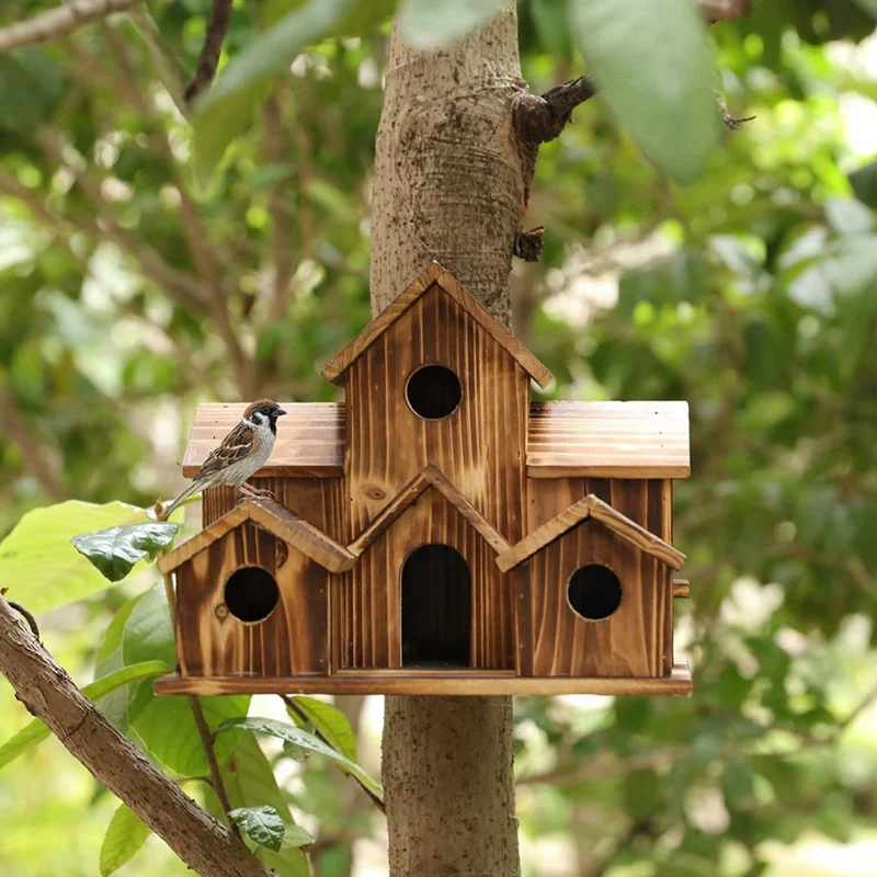 Hanging Bird House For Outside 6 Hole Wooden Bird House Courtyard Backyard Decorations