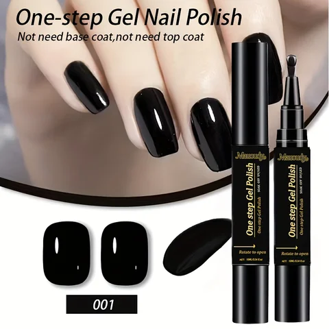 Black and white one-step gel nail polish - no base coat/top coat required, long-lasting glossy black nail polish, applied in one
