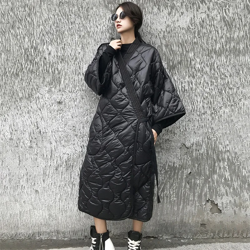 Diamond Lattice Women Cotton Padded Jacket Elegant Dark Style V-Neck Coat Loose Black With Belt Long Sleeve Tops Newest In Stock