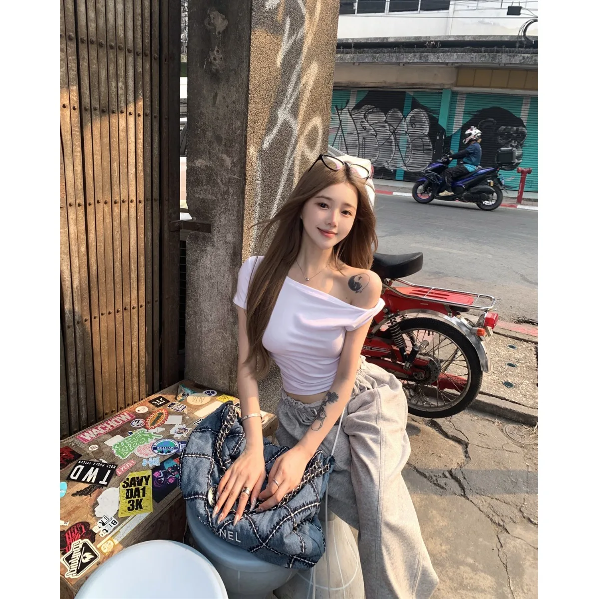 

Korean Faion ort oulder Top High Waist Slim Wide Leg Pants Two Piece Set Women's Summer 2025 New Sle Ensemble