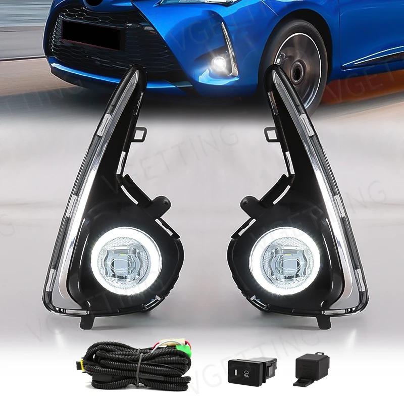 For Toyota Yaris Vitz Fog Lamp Led Light Angel Eyes DRL Daytime Running Turn Signal Yellow White Chrome Trim 2018 2019 2020