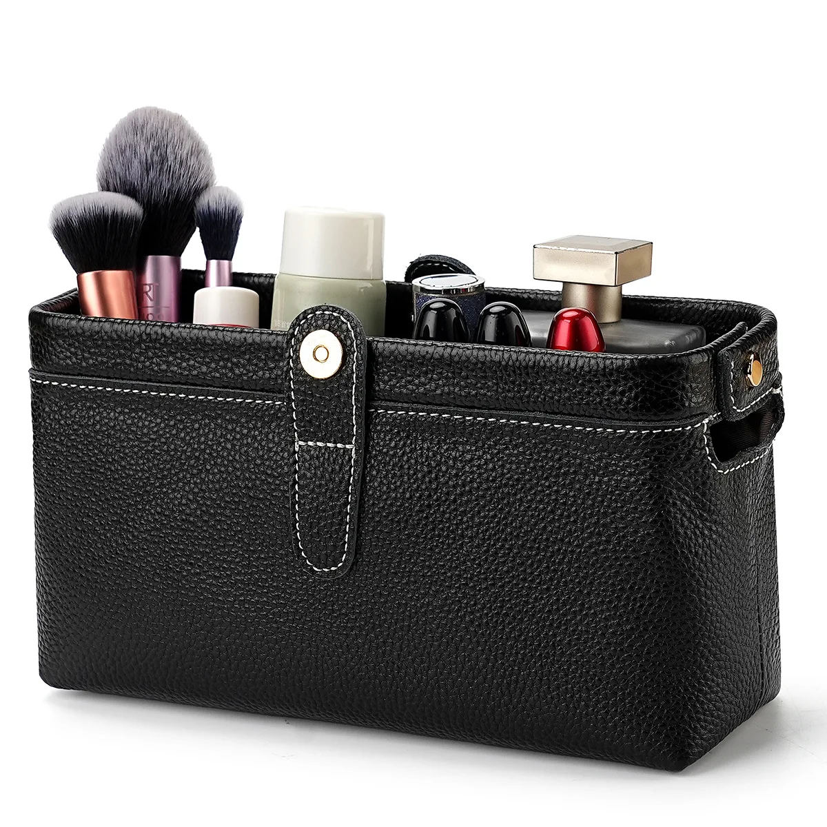 

Genuine Leather Toiletry Bag Travel Cosmetic Case, Lychee Grain Makeup Organizer 23x8x10cm, Lipstick Skincare Storage Pouch for