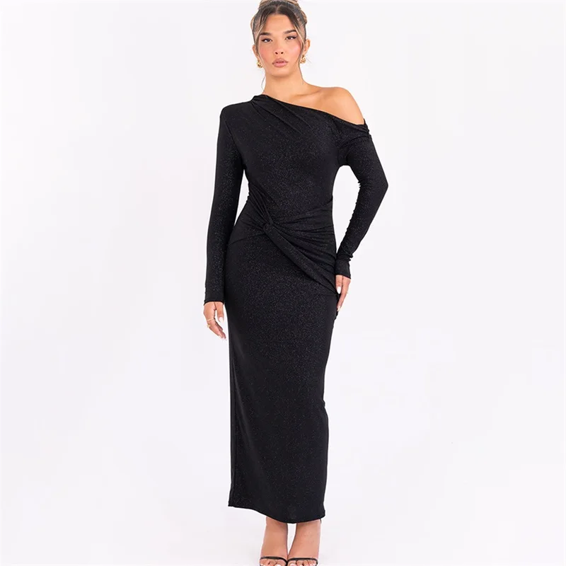 

Black Evening Dress Full Sleeves Sexy One Shoulder Long Formal Casual Sheath Prom Party Dress Robe De Mariée