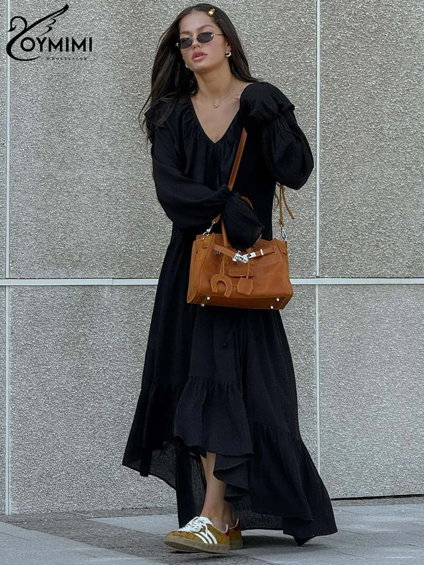 

Oymimi Fashion Black V-Neck Women Dresses Casual Ruffled Long Sleeve Loose Dresses Elegant Pleated Floor-Length Dress Streetwear