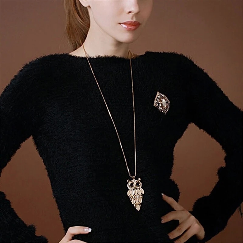 2023 Fashion Alloy Crystal Owl Pendant Necklace For Women Choker Girls Pendants Long Chain Sweater Necklaces Bijoux Jewelry