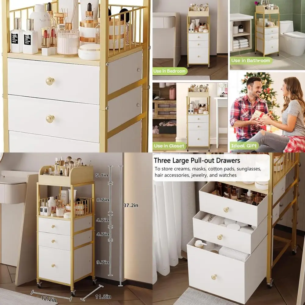 

Gold Vanity Makeup Organizer Cart with Drawers for Skincare, Cosmetics, and Hair Tools