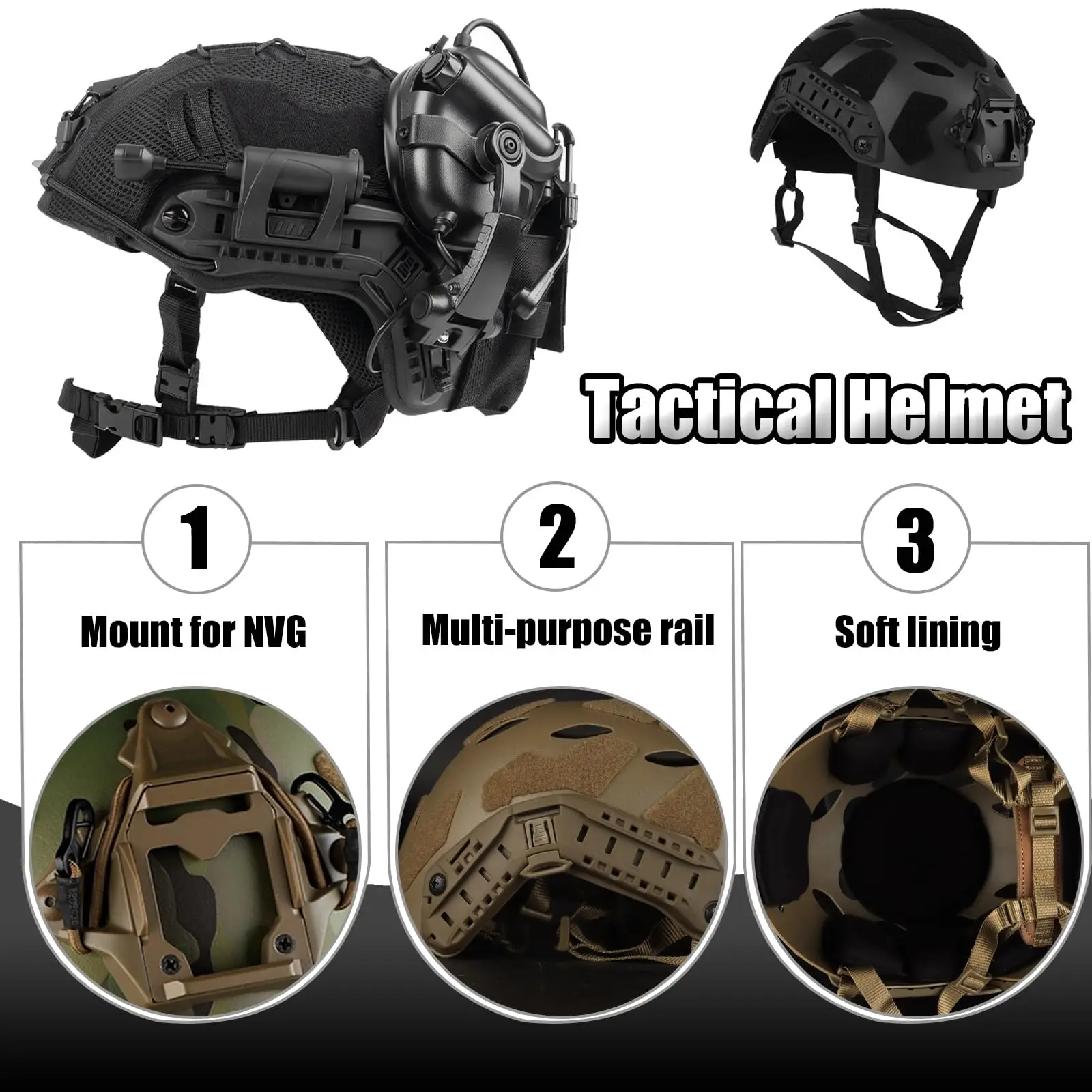 Lightweight ABS Bump Helmet Set Airsoft with Headset Tactical Light Battery Pouch Helmet Cover for Hunting BB CS Game MilSim