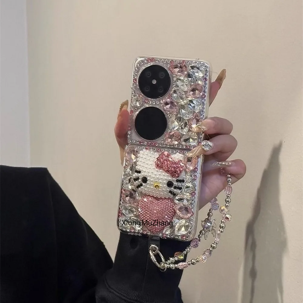Sanrio Hello Kitty Hülle für Motorola Razr 40 50 für Moto Razr 60 70Ultra Kristall-Strass Stoßfeste Hülle mit Kette und Trageband – Detail 6