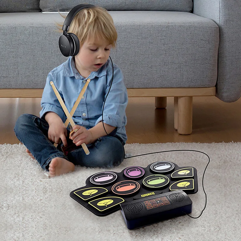 مجموعة طبول إلكترونية محمولة ملونة قابلة للطي ملفوفة يدويًا براميل MIDI بلوتوث مع دواسات أفخاذ للمبتدئين في الممارسة #3