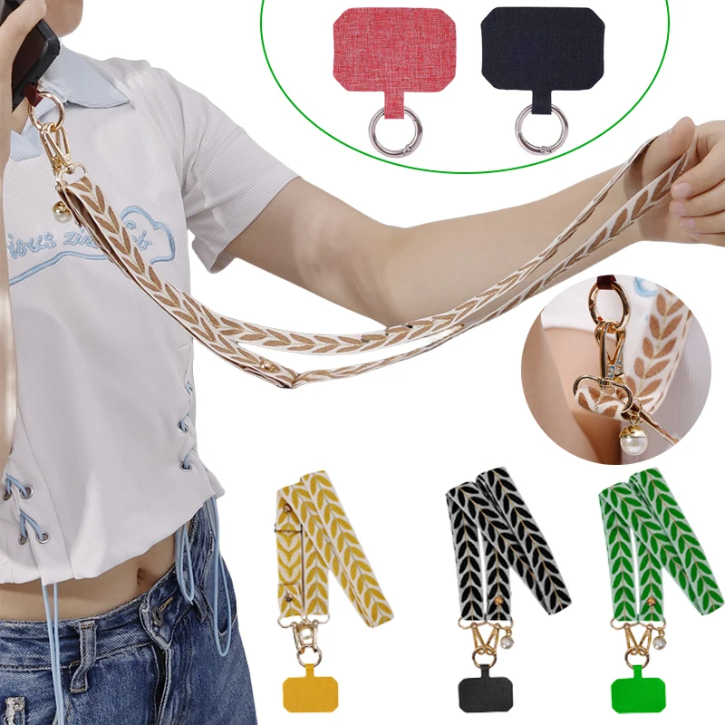 สายคล้องมือถือยาว110ซม. คล้องคอคล้องคาดลำตัวปรับได้สายกว้างพร้อมจี้ไข่มุกสายคล้องป้องกันการสูญหายพร้อมคลิป