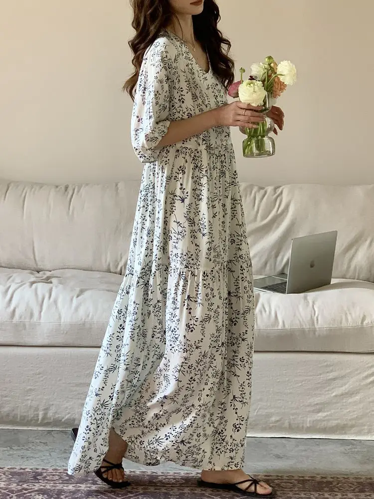 Summer Sleepwear Ladies Silk Cotton Long Skirt Short Sleeve Casual Home Clothes Outdoor Wearable V-neck Print Thin Fabric
