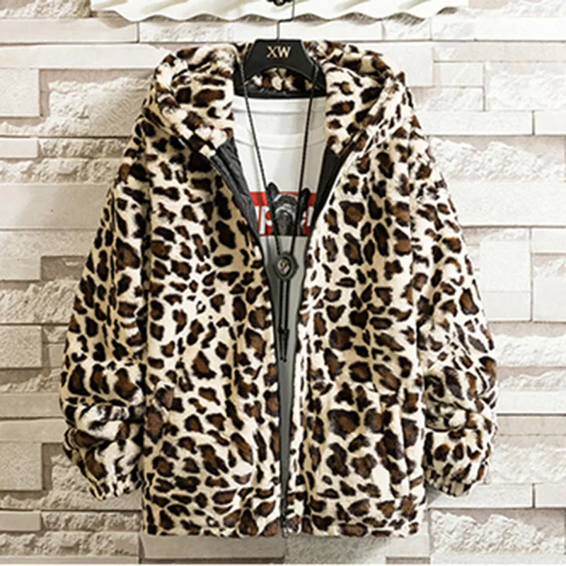 Autumn New Fashion Men's Fashion Brand Loose Leopard Print Short  Plush Hooded Couple Cotton-padded  Warm Lady