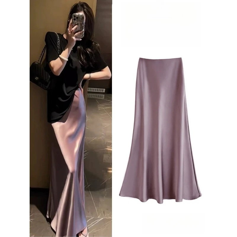 

High waist slim mid length satin acetate silky skirt 2026 spring summer new hip wrapped mermaid A line long dress for women