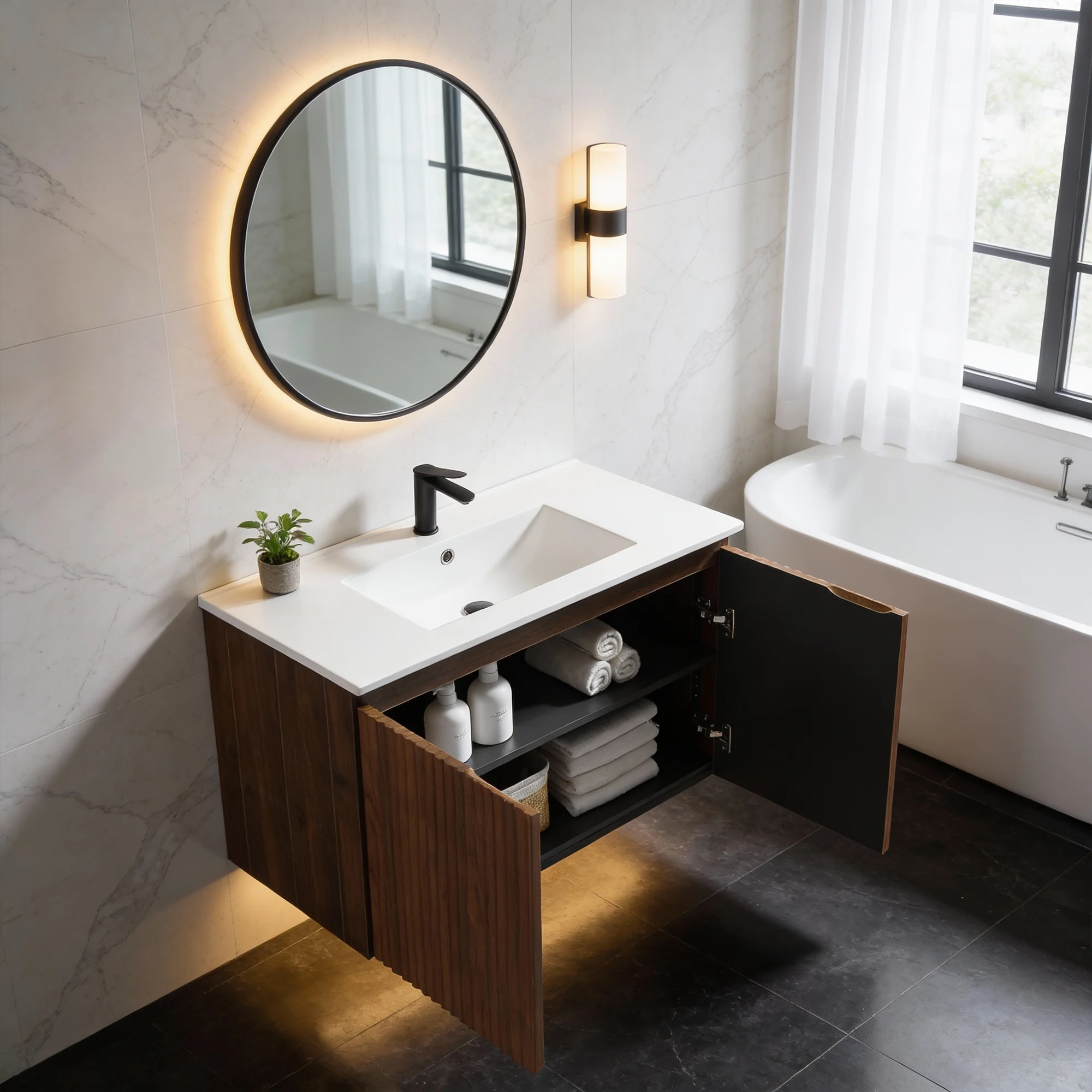 30inch Walnut Folding Wall Cabinet With Creamic Sink Patented 1Minute Install, Space-Saving & Easy Assemble,Modern Style