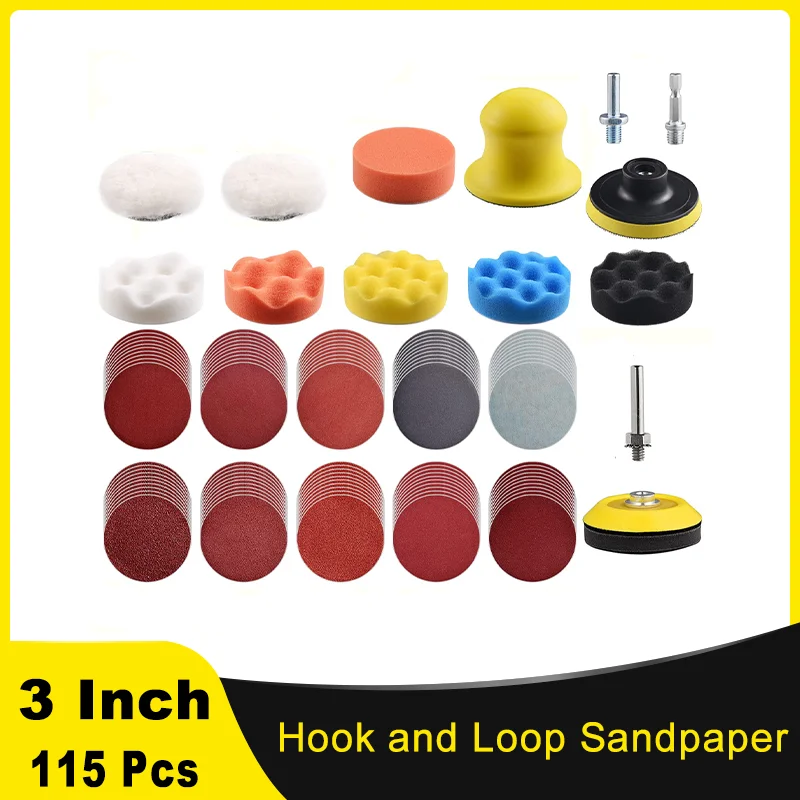 

3 Inch Hook and Loop Sandpaper Kit 115 Pcs Assorted 80-3000 Grit with 5/16" and 1/4" Shanks for Car Buffer Polisher Waxing