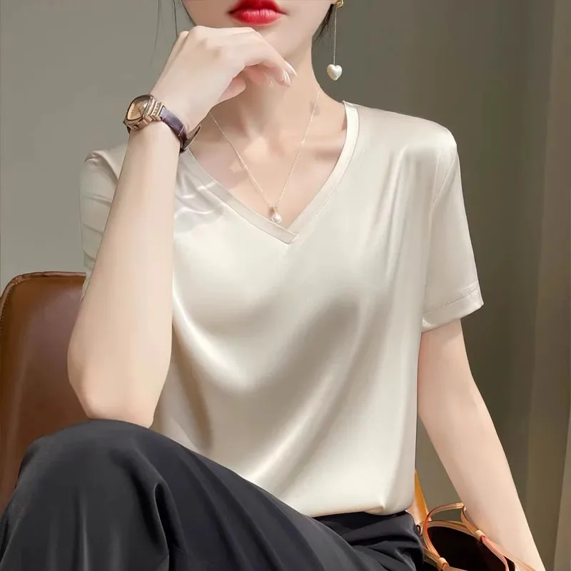 Silk Satin Short Sleeve T-Shirt Women's round V-Neck Simple Design White Acetate Inner Wear Suit Top Commute Style Classic Pa...