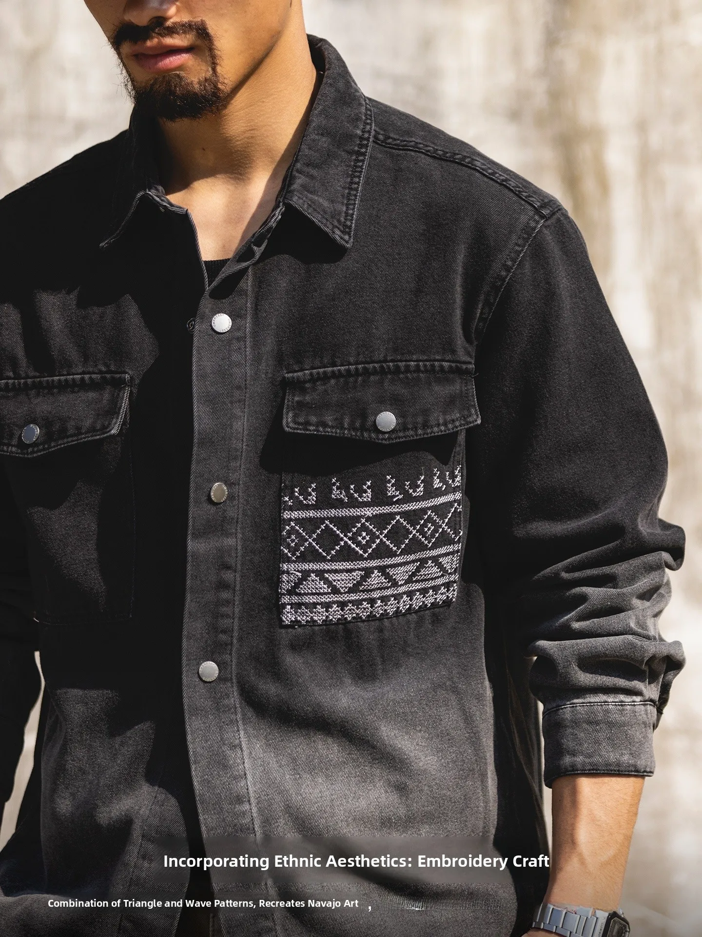 Retro American Gradient Denim Shirt Men's Autumn New Ethnic Embroidery Pocket Workwear Shirt Khaki Jacket Loose Fit Long Sleeve