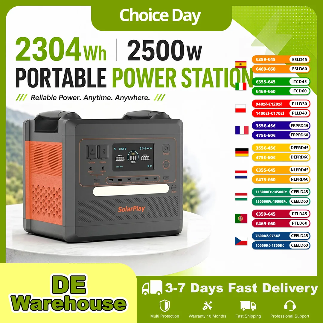 Draagbare krachtcentrale van 2500 W met een 2304 Wh LiFePO4-batterij, 2500 W zonnegenerator voor noodstroom thuis, in een camper en tijdens het kamperen.
