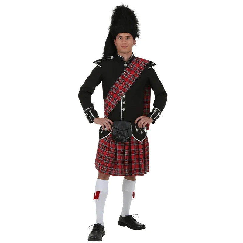 

Halloween Cosplay Highlander Scotsman Fancy Dress Up Scotland Kilt Uniform Clothing Red Tartan Mens Scottish Stage Costumes