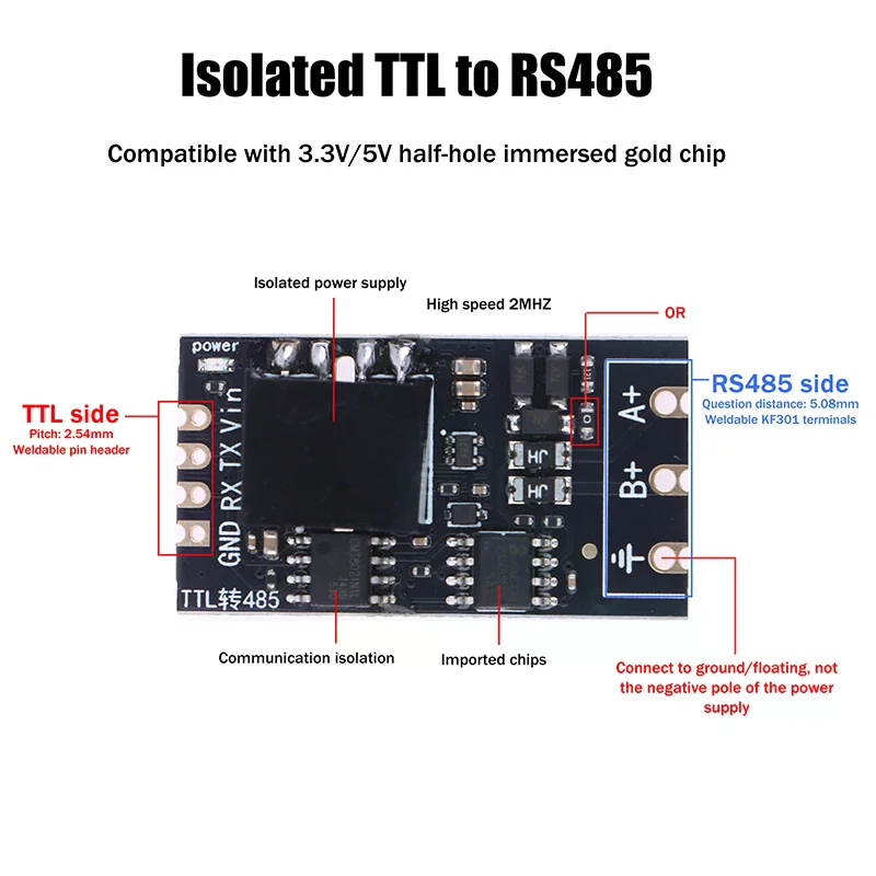 Isolated TTL to RS485 Module Serial Automatic Reverse High Speed 2Mbps Half-duplex Communication Board 1/2Pcs